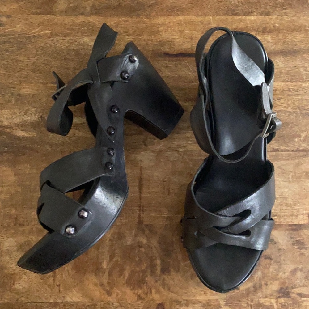 Kork-Ease Black Leather Clog Strappy Heeled Sandals 8